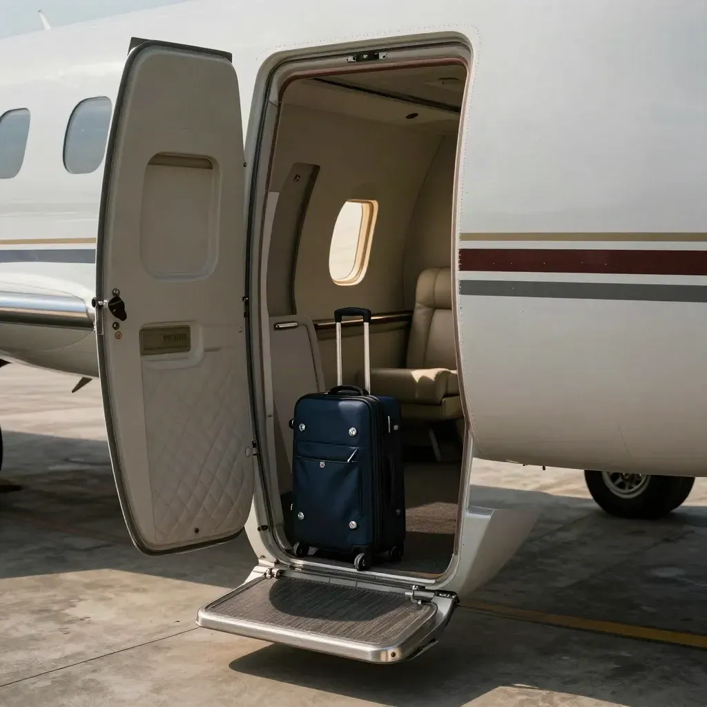 Empty jet doorway with a carry-on at the threshold and one lit cabin window, seen from low inside.