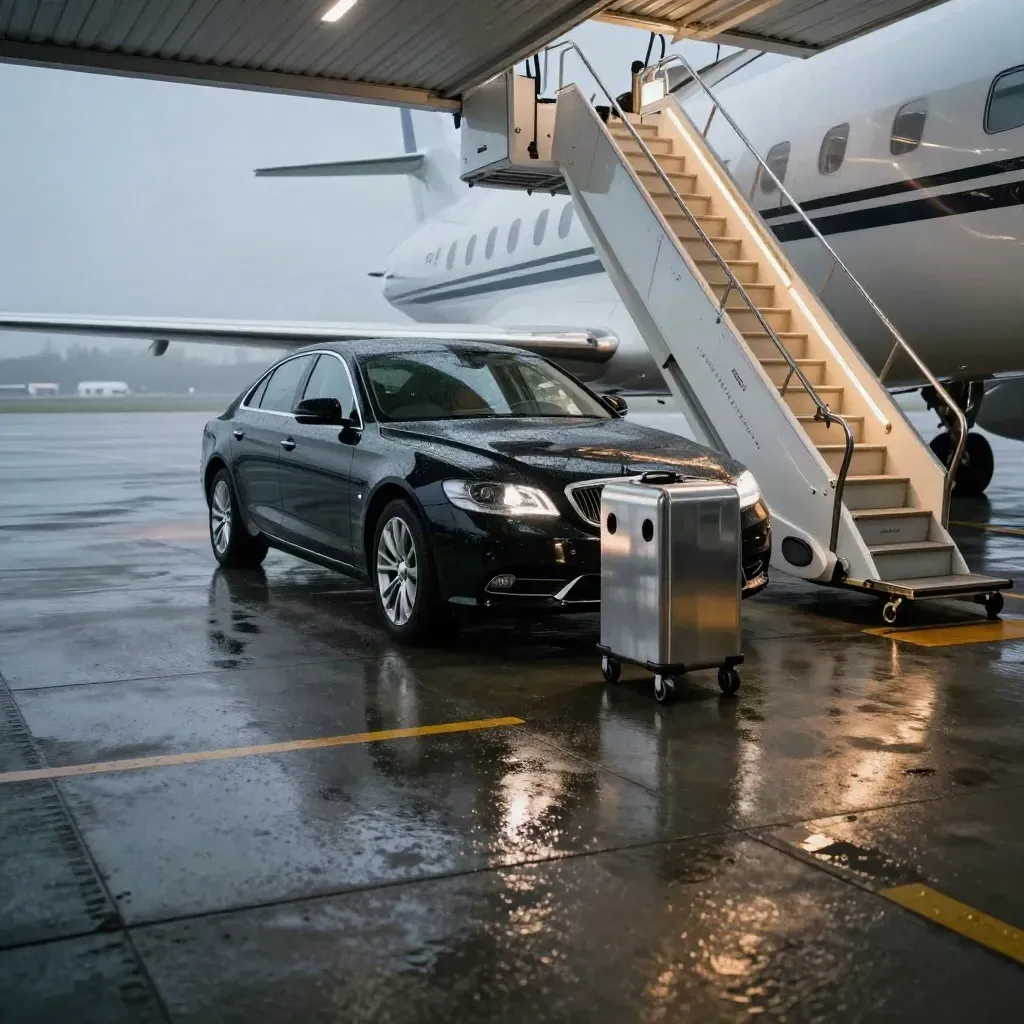 Black executive car beside jet stairs under a canopy, wet apron reflections and luggage trolley.