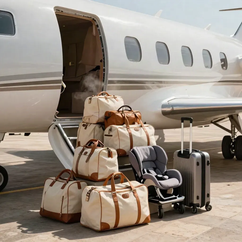 Open private jet door with family luggage and child seat on a sunny Palma apron.