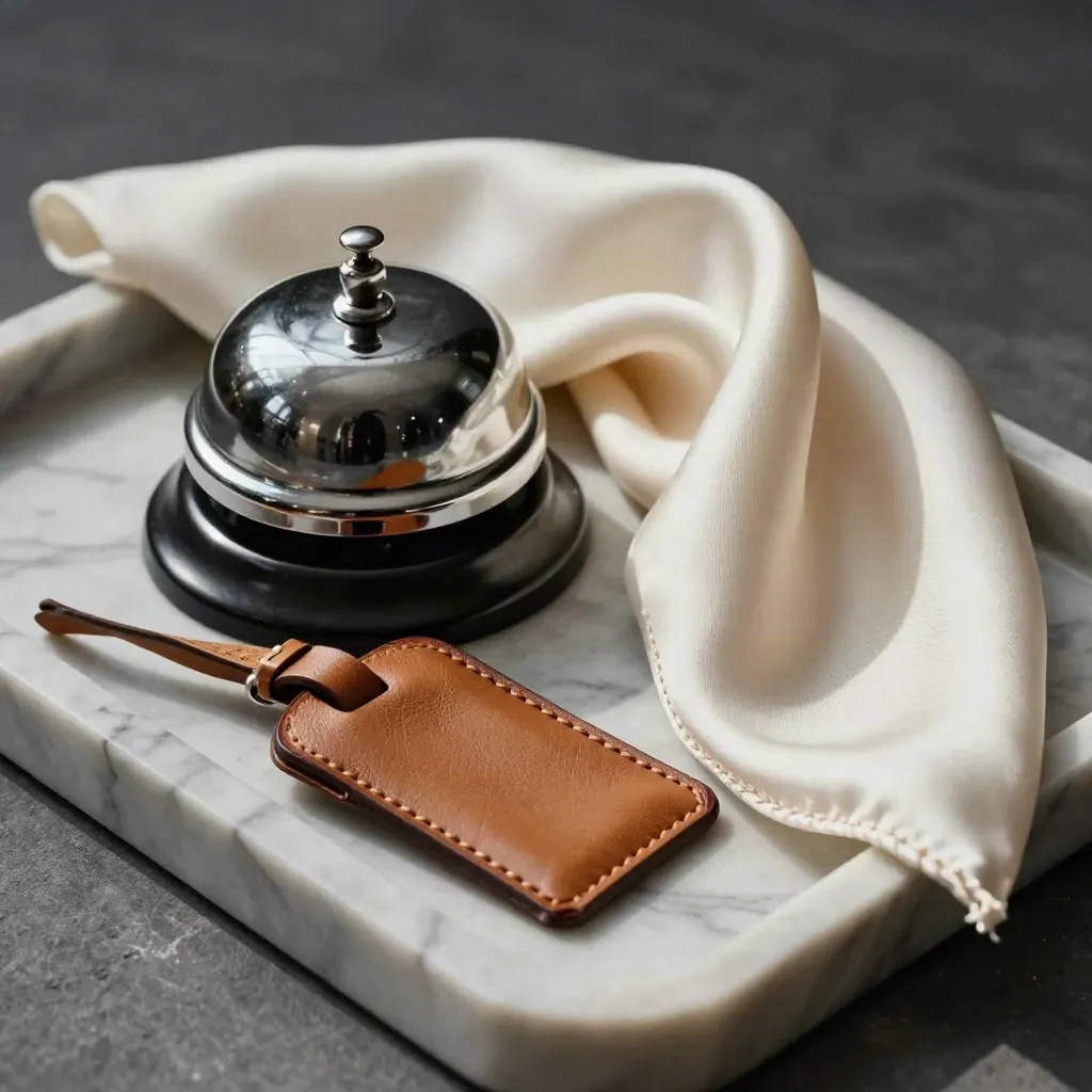 Concierge bell, silk scarf and leather luggage tag holder in a marble tray, lit from upper left.