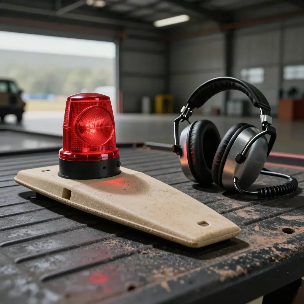 Wheel chocks, beacon light and headset on a hangar ops table under hard directional light.
