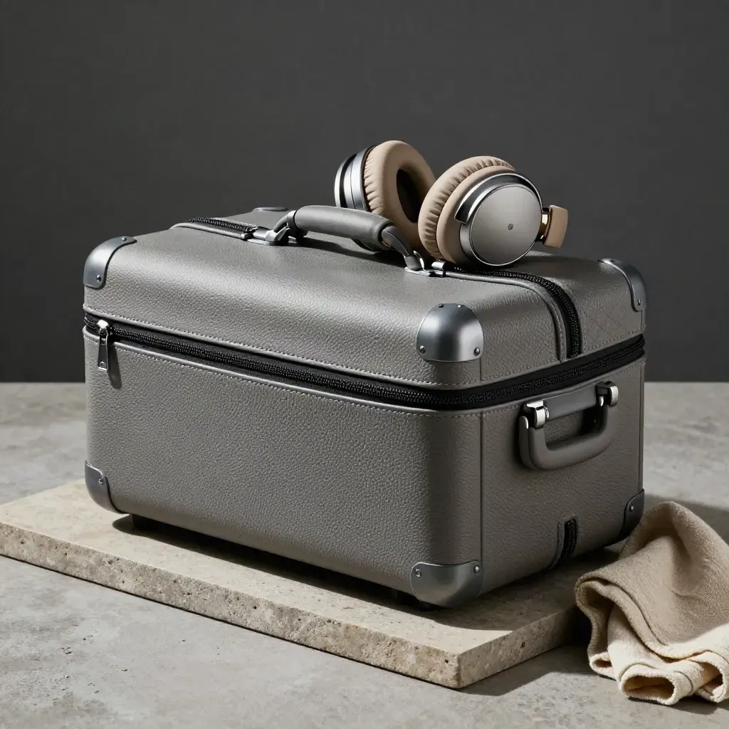 Overnight travel case, headset and amenity pouch on a stone tray in cool cabin light.