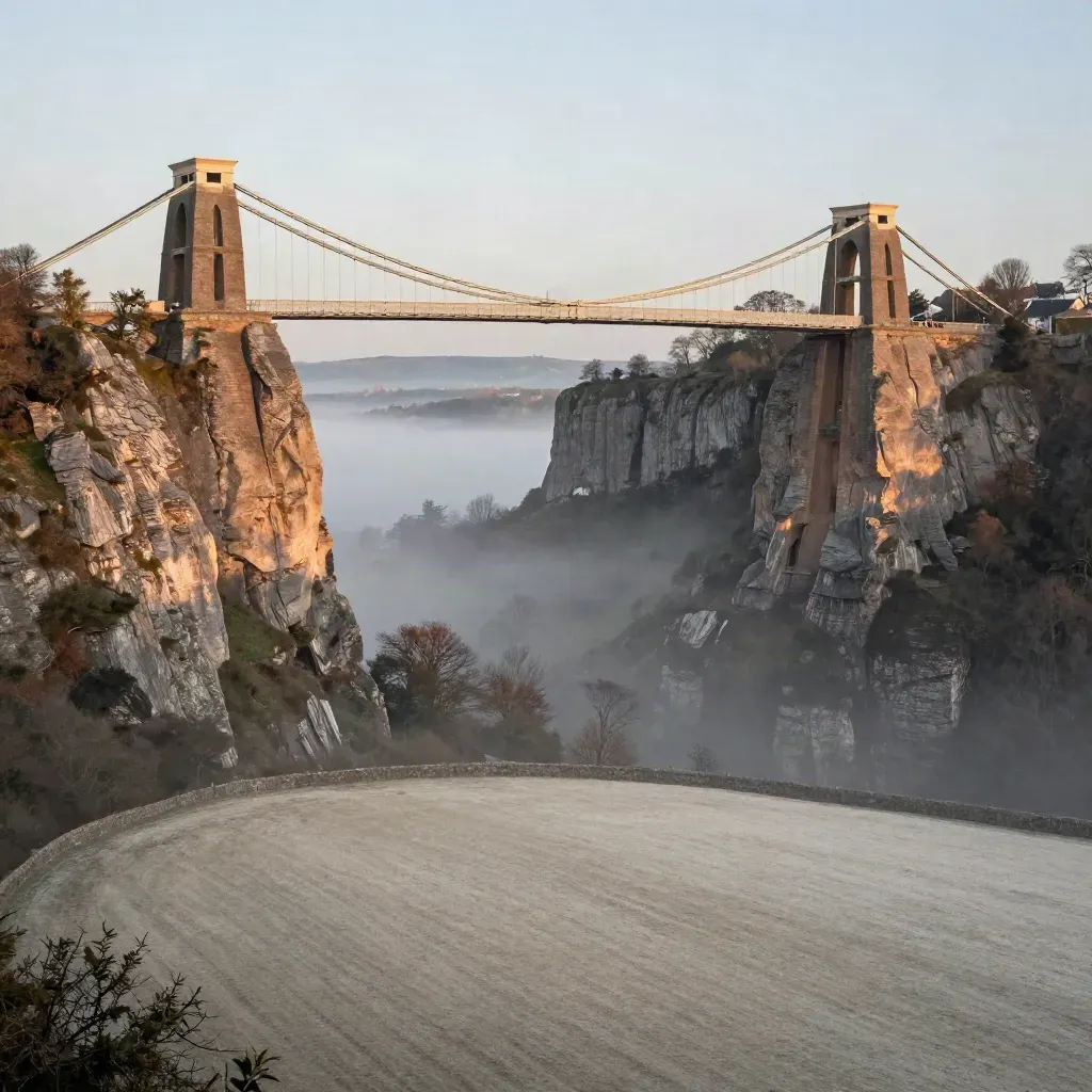 Clifton Suspension Bridge above Avon Gorge in warm haze over calm limestone ground